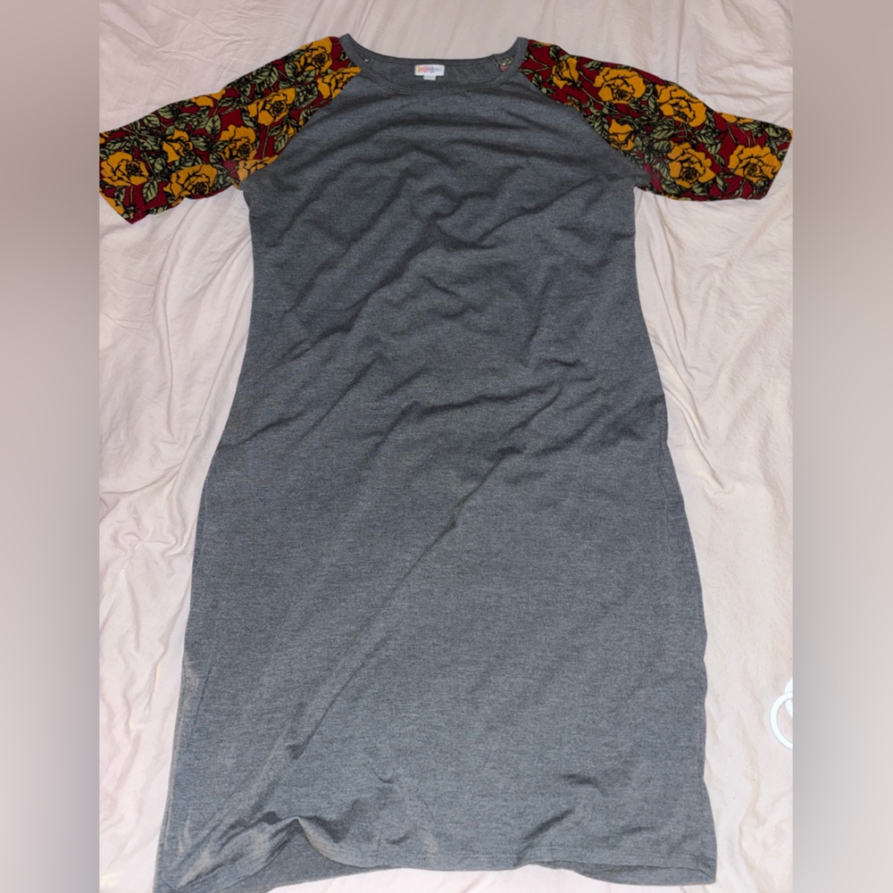 LuLaRoe Julia Gray Top with Floral sleeves